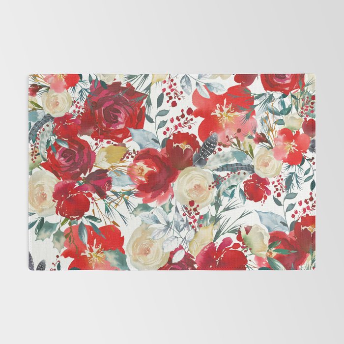 Red teal hand painted boho watercolor roses floral Rug Gallery Image 2