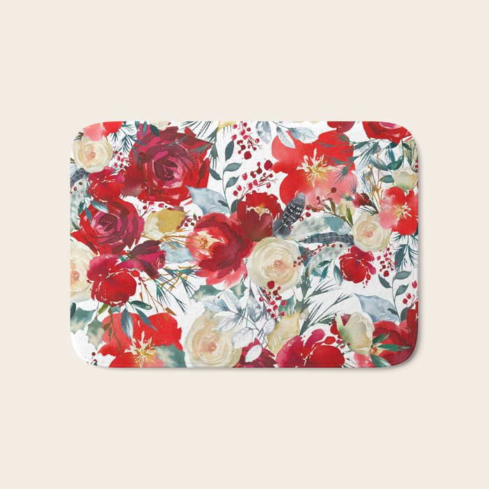 Red teal hand painted boho watercolor roses floral Bath Mat Gallery Image 1