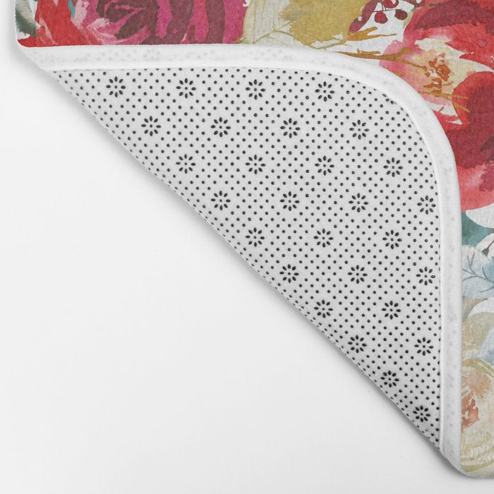 Red teal hand painted boho watercolor roses floral Bath Mat Gallery Image 2