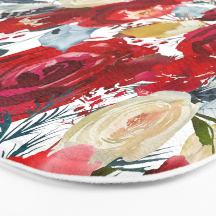 Red teal hand painted boho watercolor roses floral Bath Mat Gallery Image 3