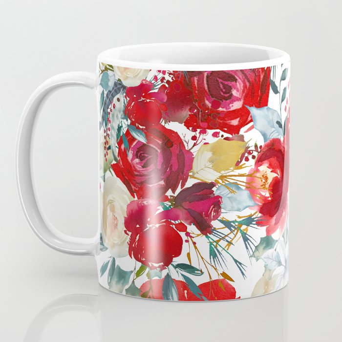 Red teal hand painted boho watercolor roses floral Coffee Mug Gallery Image 3