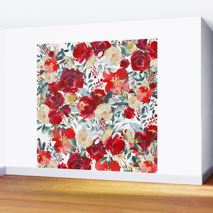 Red teal hand painted boho watercolor roses floral Wall Mural Gallery Image 2