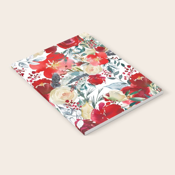 Red teal hand painted boho watercolor roses floral Notebook Gallery Image 1