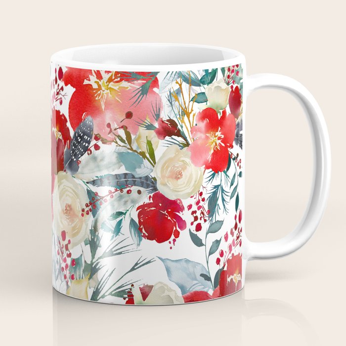 Red teal hand painted boho watercolor roses floral Coffee Mug Gallery Image 1