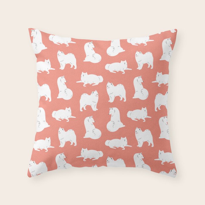 Samoyed Print in Coral Throw Pillow Gallery Image 6