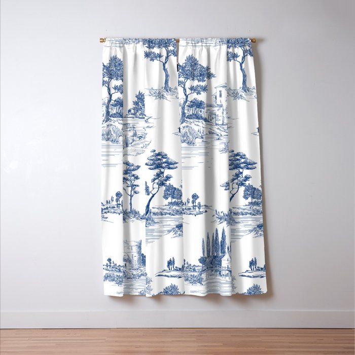 Toile de Jouy Vintage French Navy Blue White Pastoral Pattern Window Curtain Gallery Image 3
