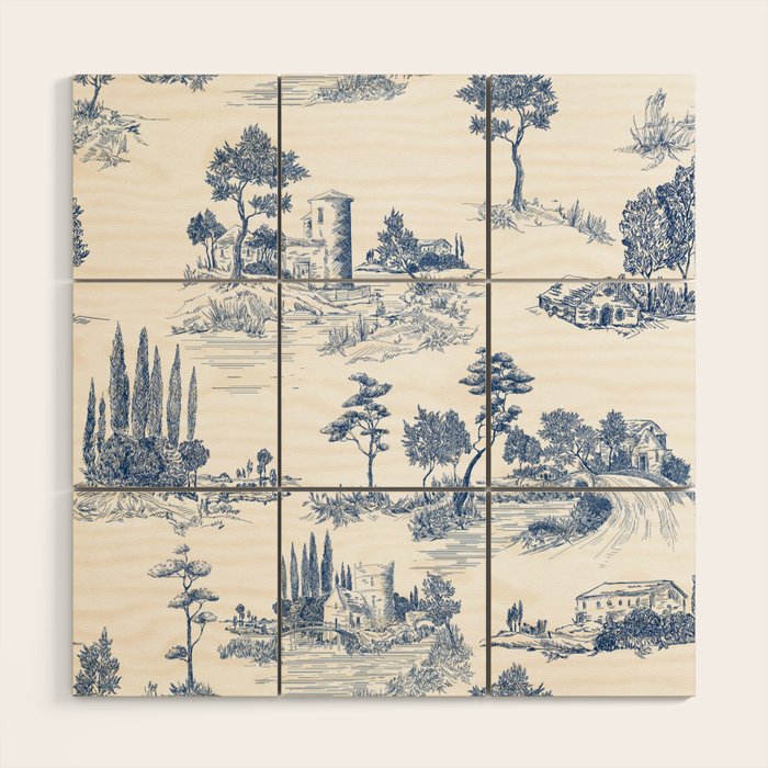 Toile de Jouy Vintage French Navy Blue White Pastoral Pattern Wood Wall Art Gallery Image 1