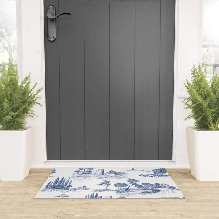 Toile de Jouy Vintage French Navy Blue White Pastoral Pattern Welcome Mat Gallery Image 3