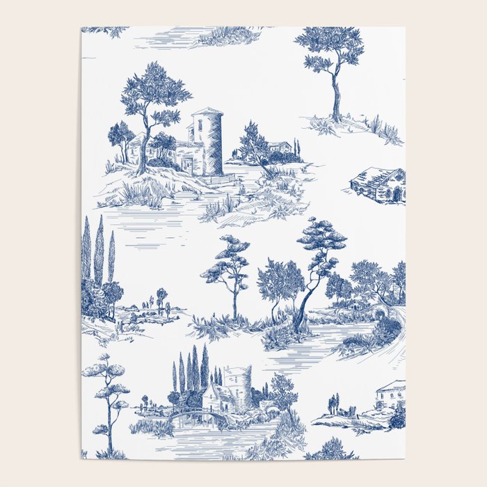 Toile de Jouy Vintage French Navy Blue White Pastoral Pattern Poster Gallery Image 1
