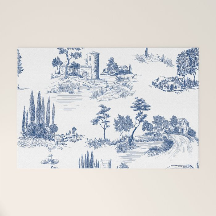 Toile de Jouy Vintage French Navy Blue White Pastoral Pattern Welcome Mat Gallery Image 1