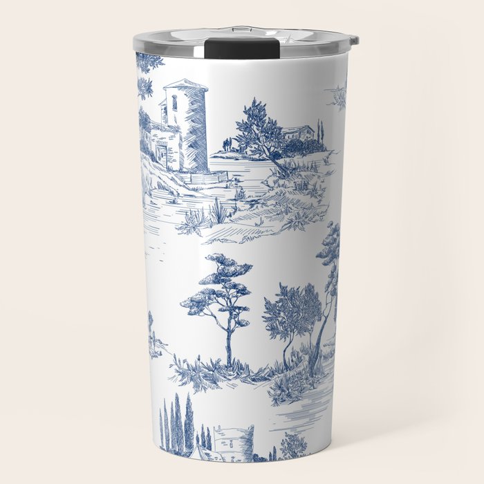 Toile de Jouy Vintage French Navy Blue White Pastoral Pattern Travel Mug Gallery Image 1