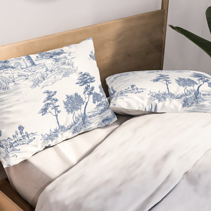Toile de Jouy Vintage French Navy Blue White Pastoral Pattern Pillow Sham Gallery Image 2