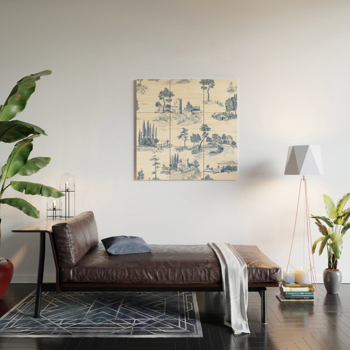 Toile de Jouy Vintage French Navy Blue White Pastoral Pattern Wood Wall Art Gallery Image 2