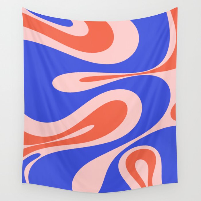 Mellow Flow Retro 60s 70s Abstract Pattern Royal Blue Pink Orange Wall Tapestry Gallery Image 1