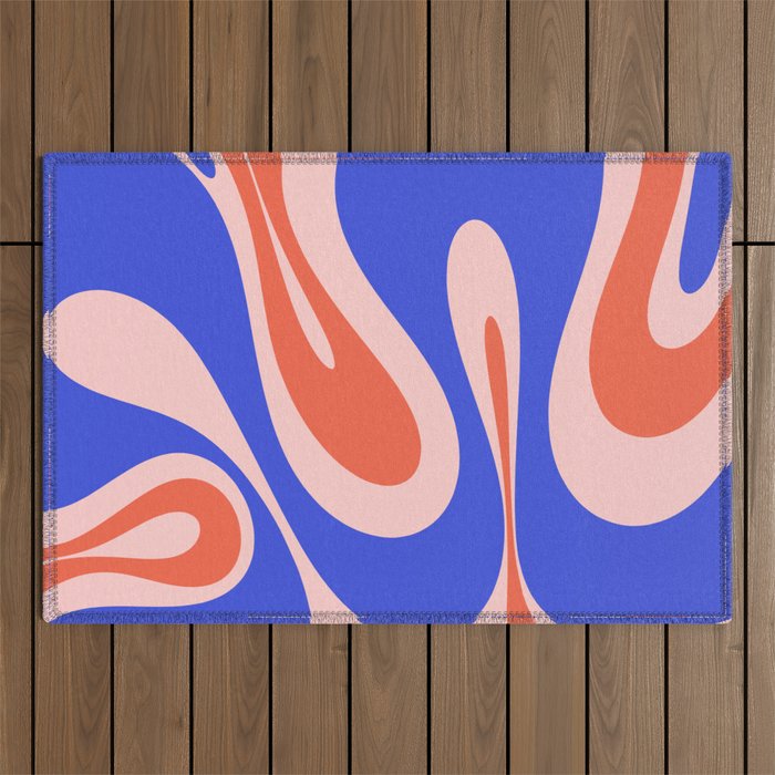 Mellow Flow Retro 60s 70s Abstract Pattern Royal Blue Pink Orange Outdoor Rug Gallery Image 1