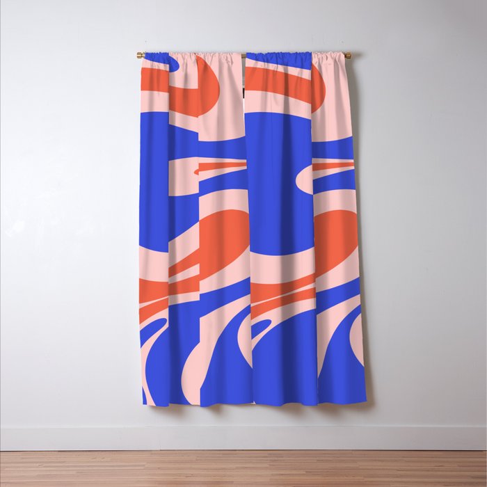 Mellow Flow Retro 60s 70s Abstract Pattern Royal Blue Pink Orange Window Curtain Gallery Image 3