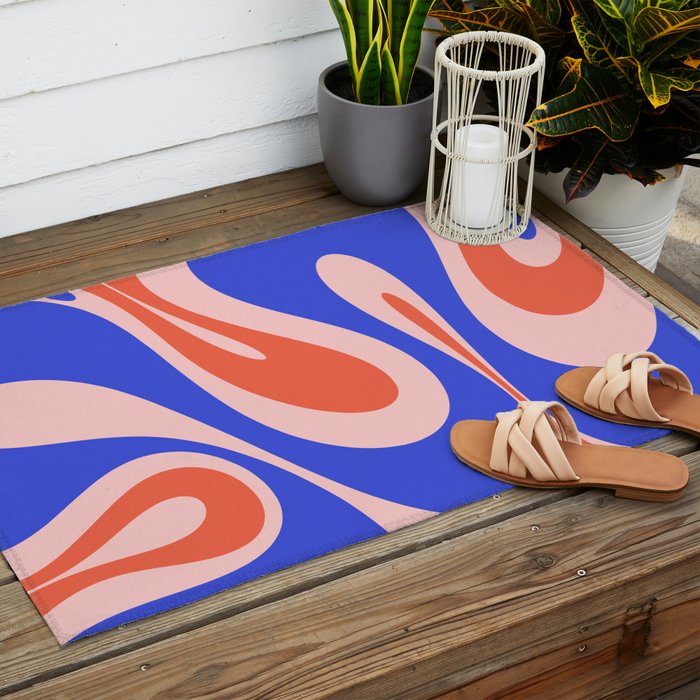 Mellow Flow Retro 60s 70s Abstract Pattern Royal Blue Pink Orange Outdoor Rug Gallery Image 2