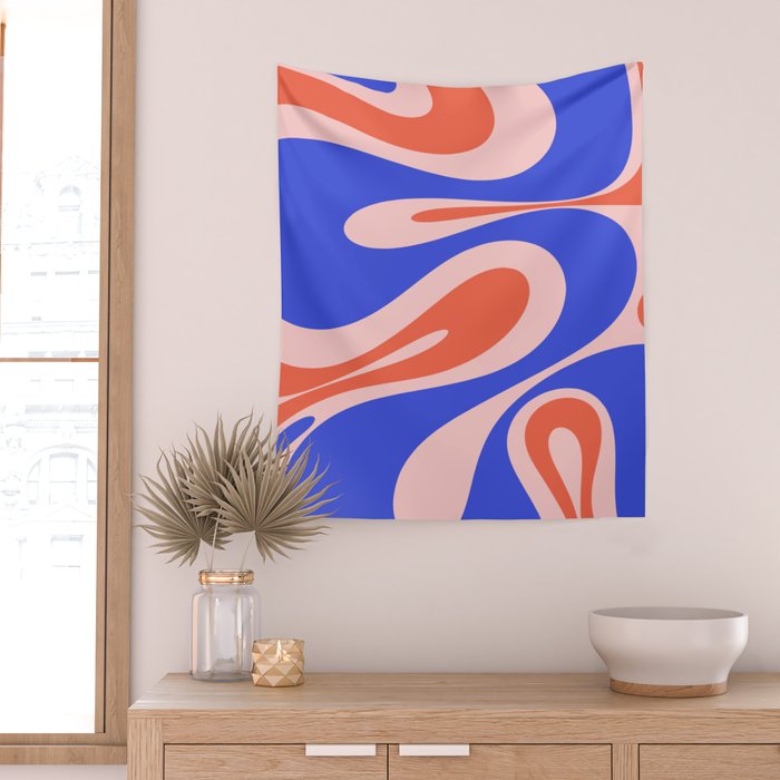 Mellow Flow Retro 60s 70s Abstract Pattern Royal Blue Pink Orange Wall Tapestry Gallery Image 2