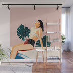 Sunday, Summer Swim Poolside Fashion, Bohemian Woman Sunbath Tan Bikini Monstera Tropical Travel Wall Mural Gallery Image 1