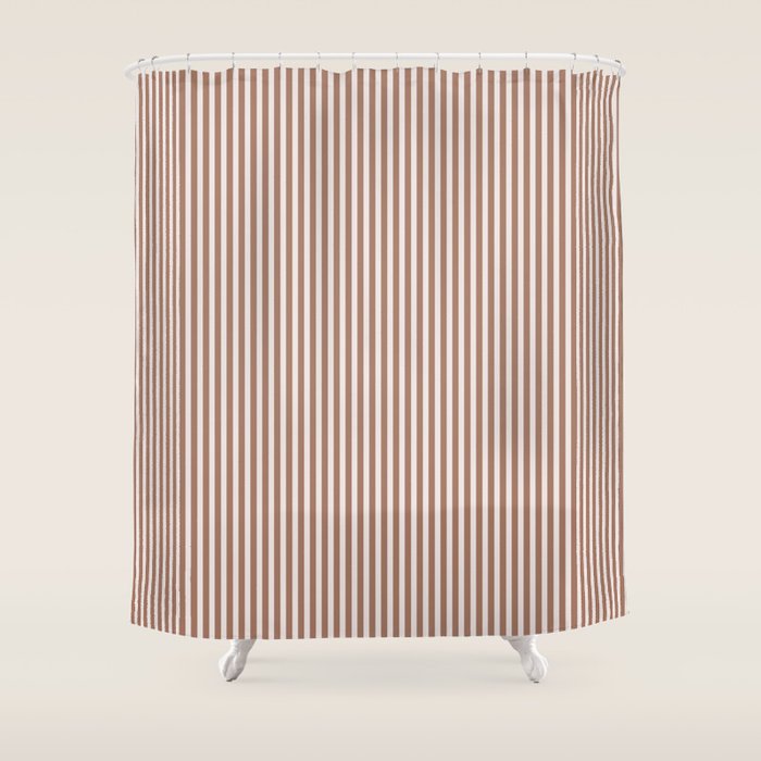 Fine Stripes Narrow Vertical Stripe Pattern in Mocha Brown Shower Curtain Gallery Image 1