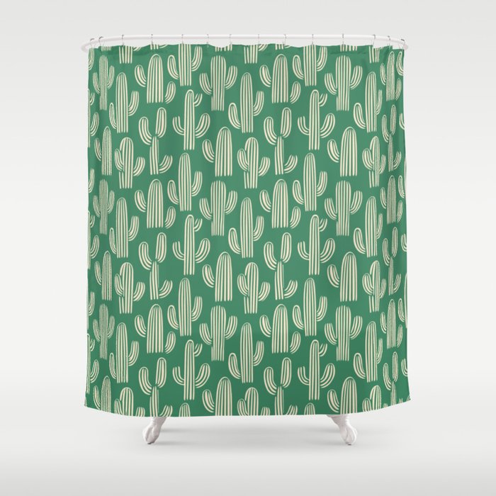 Retro green cactus plant pattern Shower Curtain Gallery Image 1