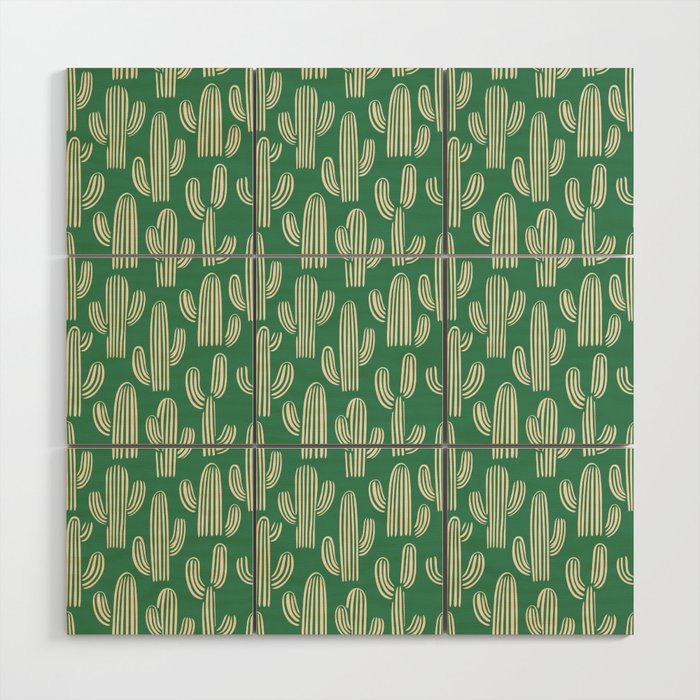Retro green cactus plant pattern Wood Wall Art Gallery Image 1