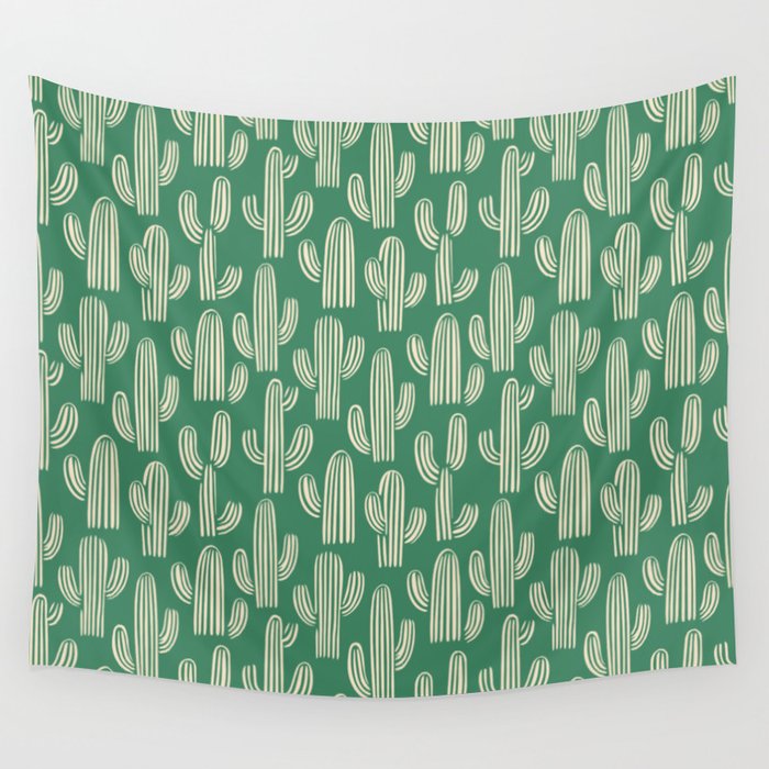 Retro green cactus plant pattern Wall Tapestry Gallery Image 1