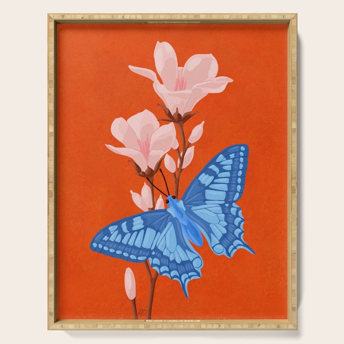 Blue Butterfly and Blooms on a Red Canvas Serving Tray Gallery Image 1