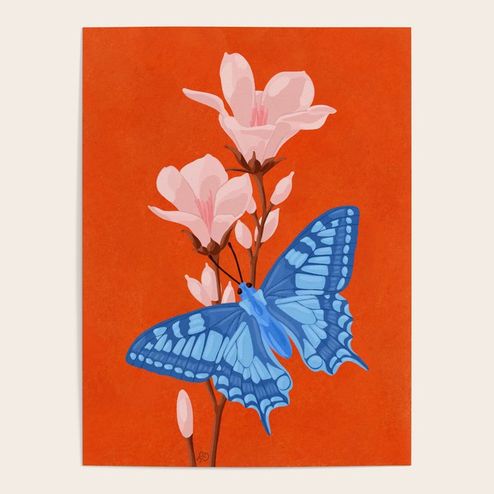 Blue Butterfly and Blooms on a Red Canvas Poster Gallery Image 1