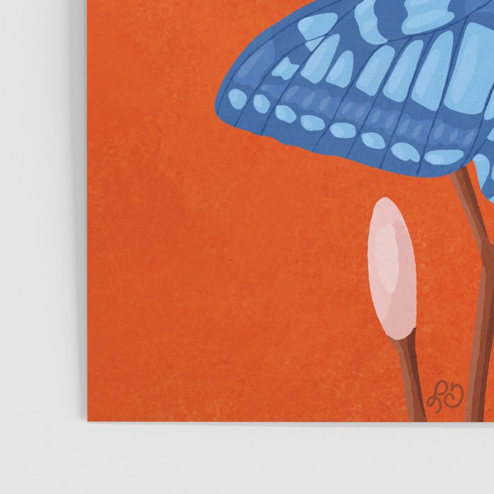 Blue Butterfly and Blooms on a Red Canvas Poster Gallery Image 3