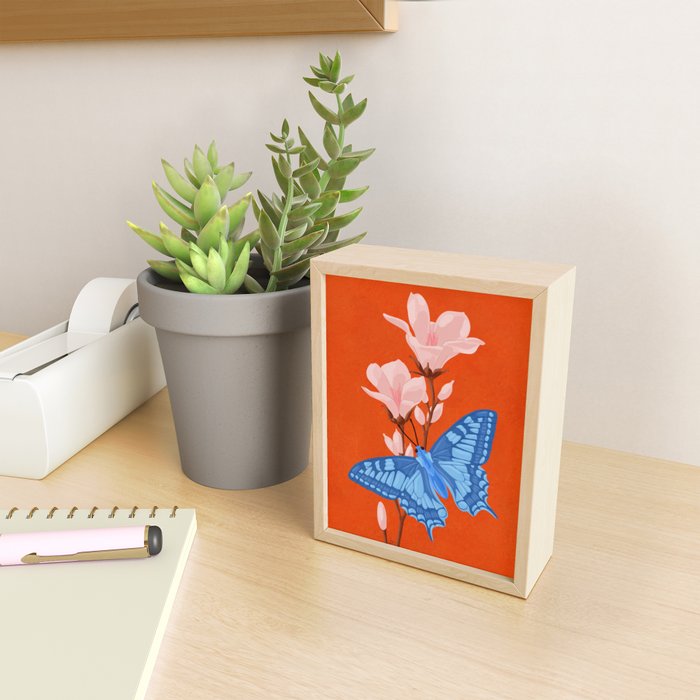 Blue Butterfly and Blooms on a Red Canvas Mini Art Print Gallery Image 2