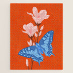 Blue Butterfly and Blooms on a Red Canvas Jigsaw Puzzle Gallery Image 1