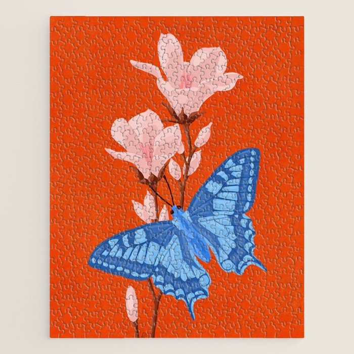 Blue Butterfly and Blooms on a Red Canvas Jigsaw Puzzle Gallery Image 1