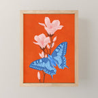 Blue Butterfly and Blooms on a Red Canvas Mini Art Print Gallery Image 1