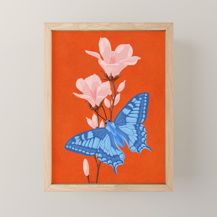Blue Butterfly and Blooms on a Red Canvas Mini Art Print Gallery Image 1