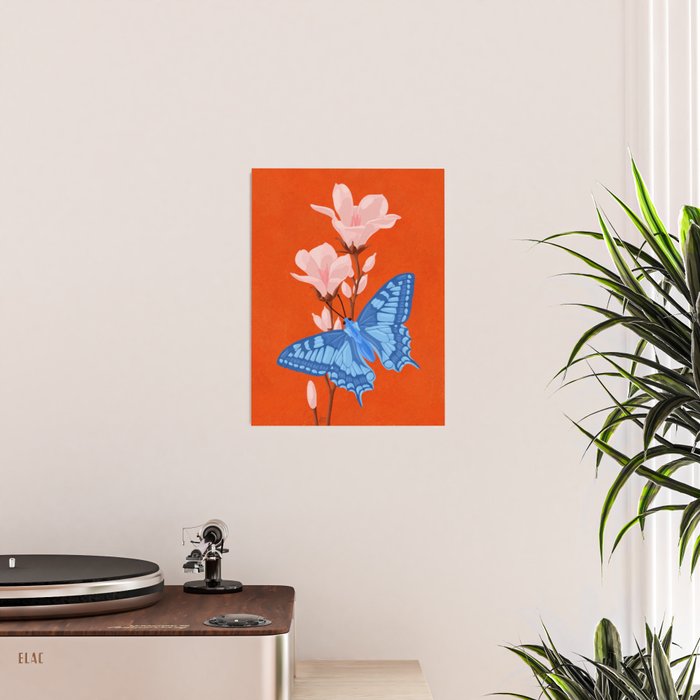 Blue Butterfly and Blooms on a Red Canvas Poster Gallery Image 2