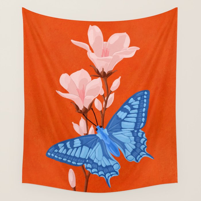 Blue Butterfly and Blooms on a Red Canvas Wall Tapestry Gallery Image 4