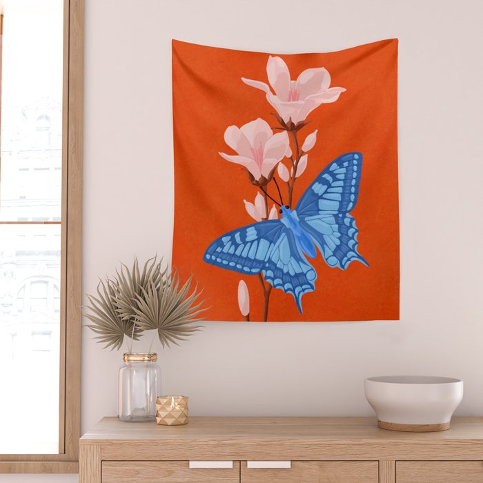 Blue Butterfly and Blooms on a Red Canvas Wall Tapestry Gallery Image 2