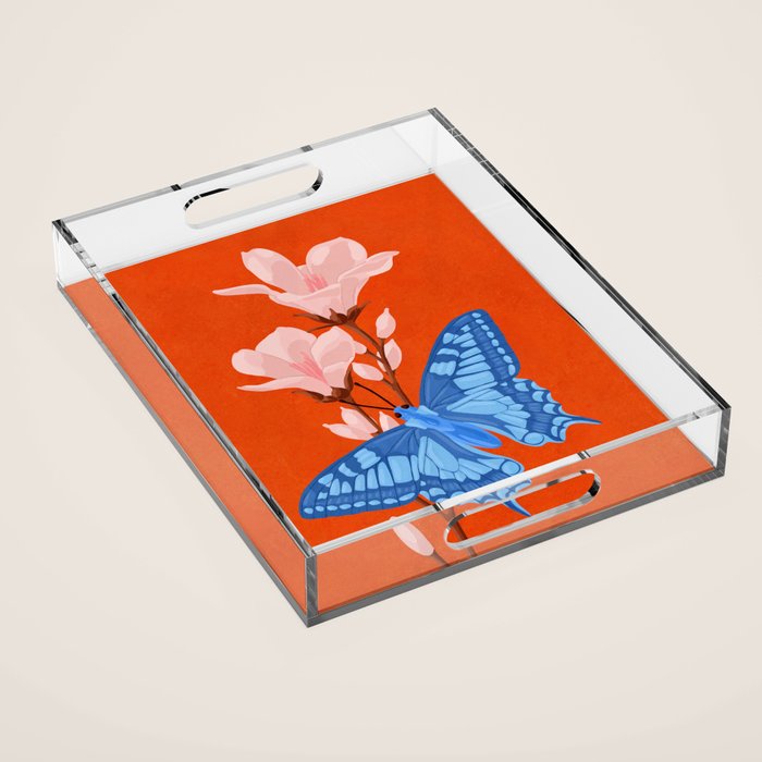 Blue Butterfly and Blooms on a Red Canvas Acrylic Tray Gallery Image 1