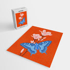 Blue Butterfly and Blooms on a Red Canvas Jigsaw Puzzle Gallery Image 2