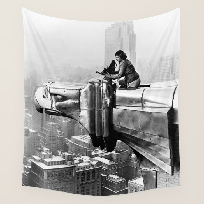 1930 Margaret Bourke-White atop of the world New York City skyline black and white photograph Wall Tapestry Gallery Image 4
