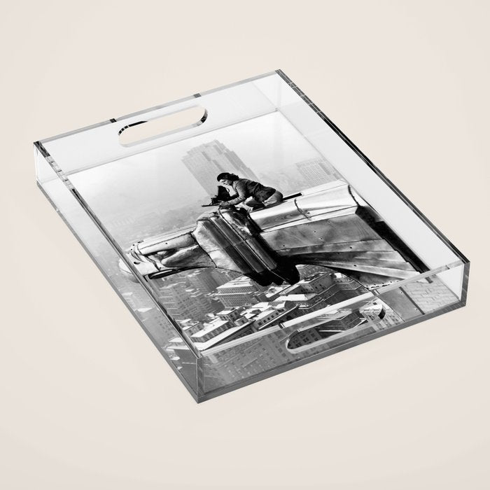 1930 Margaret Bourke-White atop of the world New York City skyline black and white photograph Acrylic Tray Gallery Image 1