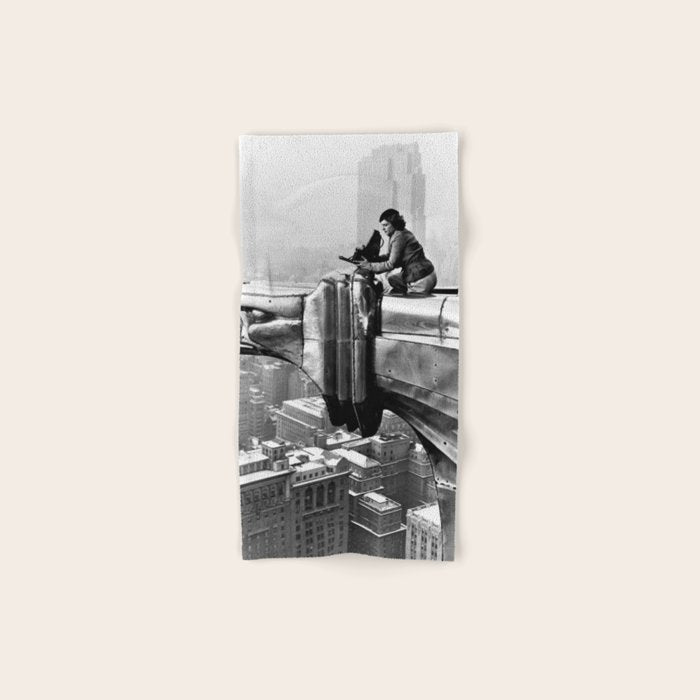 1930 Margaret Bourke-White atop of the world New York City skyline black and white photograph Bath Towel Gallery Image 1