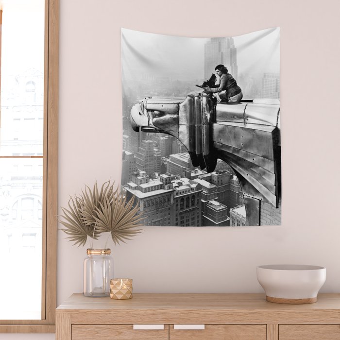 1930 Margaret Bourke-White atop of the world New York City skyline black and white photograph Wall Tapestry Gallery Image 2