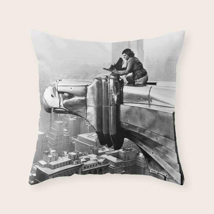 1930 Margaret Bourke-White atop of the world New York City skyline black and white photograph Throw Pillow Gallery Image 1