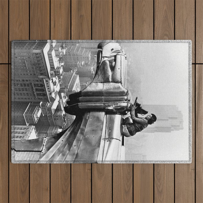 1930 Margaret Bourke-White atop of the world New York City skyline black and white photograph Outdoor Rug Gallery Image 1