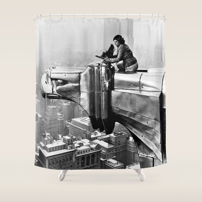1930 Margaret Bourke-White atop of the world New York City skyline black and white photograph Shower Curtain Gallery Image 1