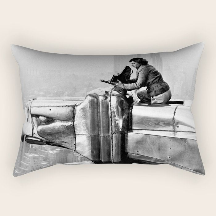 1930 Margaret Bourke-White atop of the world New York City skyline black and white photograph Rectangular Pillow Gallery Image 2