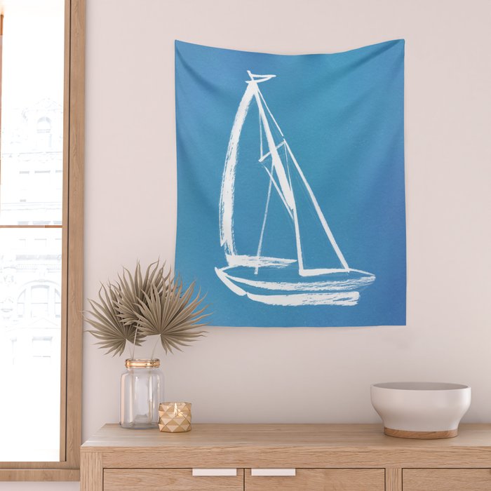 Sailboat Drawing - Blue  Wall Tapestry Gallery Image 2