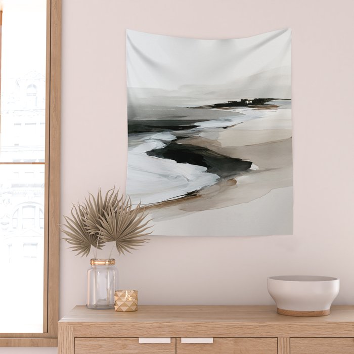Neutral Coastal Seascape Minimal Landscape Wall Tapestry Gallery Image 2